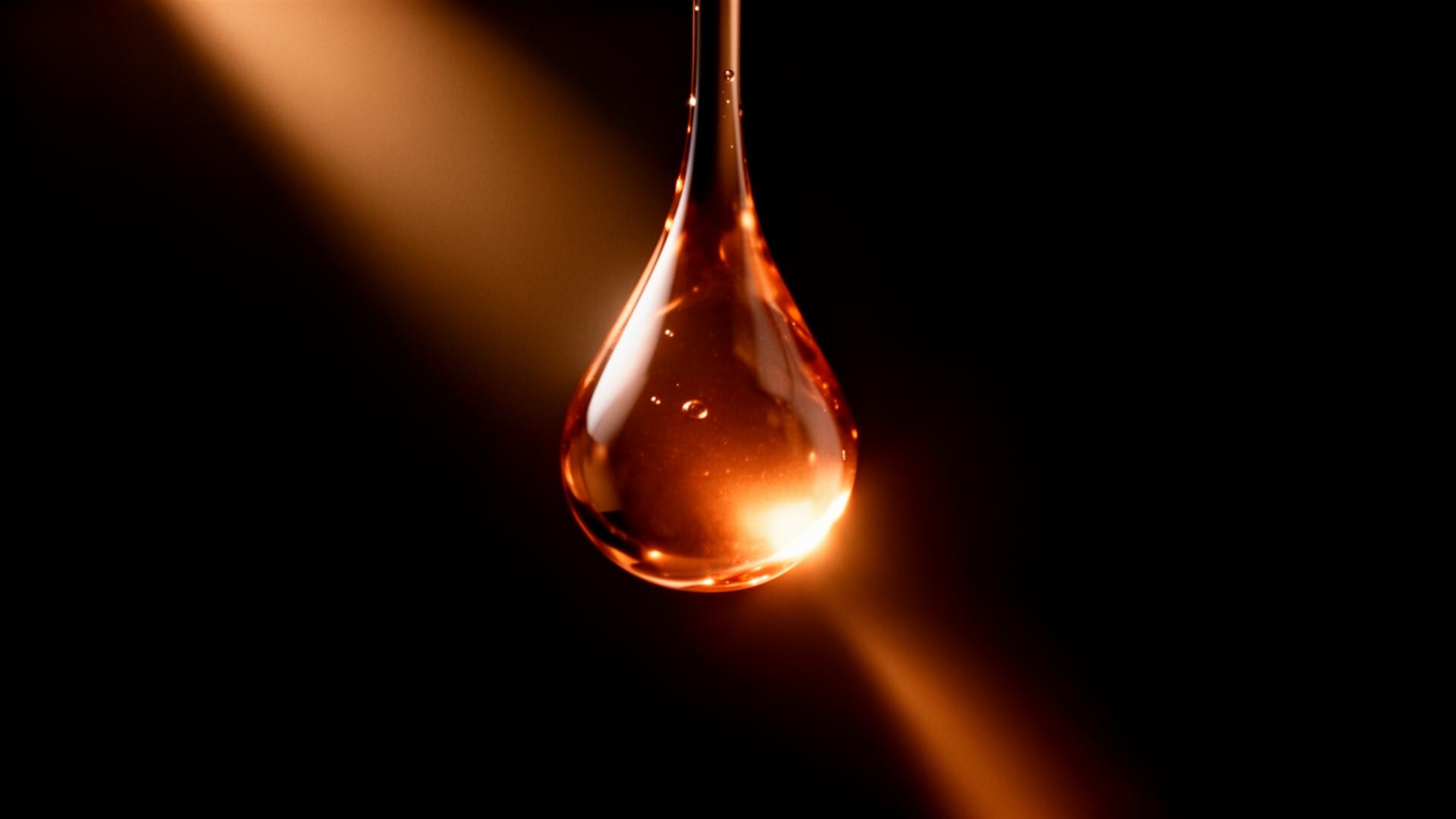 Macro photograph of a copper peptide droplet catching warm light